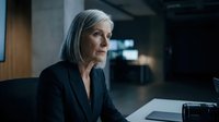 Senior businesswoman with gray hair wearing dark blazer sitting at desk in modern office, looking thoughtfully to side during work meeting or professional consultation.