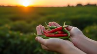 Fresh red chili peppers held in cupped hands against golden sunset over green agricultural field. Organic farming harvest concept for cooking and spice production.