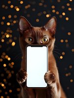 Brown tabby cat with striking green eyes holding a smartphone with blank white screen against dark background with golden bokeh lights, suitable for mobile app marketing, technology advertising, and social media content.
