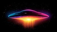 Futuristic UFO spacecraft with glowing neon lights hovering in starry space emitting bright energy beam downward for sci-fi and alien concept designs.