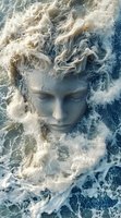 Ethereal face emerging from turbulent ocean waves, with foam and spray creating flowing hair effect against deep blue water. Artistic fantasy composition.