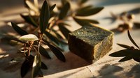 Natural olive oil soap bar with fresh olive branches on rustic wooden surface. Organic skincare product for spa treatments and natural beauty routines.