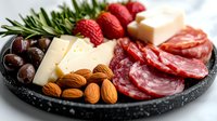 Gourmet charcuterie board with assorted cheeses, cured meats, fresh berries, nuts and herbs on dark slate platter for entertaining and appetizers.