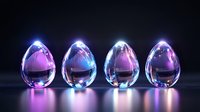 Glowing crystal eggs with neon purple and blue illumination on dark reflective surface create mystical atmosphere. Futuristic decorative elements for design.