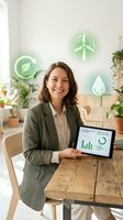 Professional businesswoman presenting sustainability data on tablet with green energy icons in eco-friendly office environment for corporate presentations.