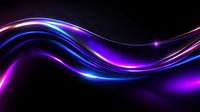 Glowing neon waves with purple and blue light streaks flowing on dark background create dynamic motion effect for abstract technology designs.