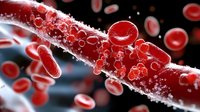 Red blood cells flowing through arteries and capillaries in human circulatory system, medical science visualization showing hemoglobin transport and blood flow dynamics.