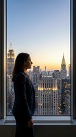 Woman in dark blazer gazing at illuminated city skyline at sunset from high-rise window. Urban business professional contemplating metropolitan views for corporate lifestyle content.