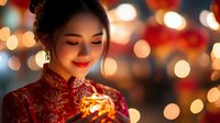 Young Asian woman in traditional red dress holding sparkler with warm bokeh lights celebrating festive occasion with joyful expression.