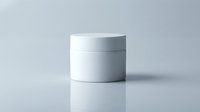 White cosmetic jar mockup with lid on light gray background, minimalist style for branding, skincare, and beauty product packaging design.