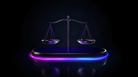 Glowing neon scales of justice on dark background with purple and blue light effects, symbol of law and legal system, modern minimalist design concept.
