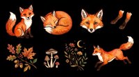 Watercolor fox clipart set with autumn elements, isolated on transparent background. Great for stickers, t-shirt design, print on demand, and sublimation crafts.