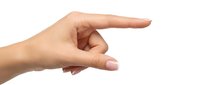 Caucasian female hand gesturing small size or measurement against white background, isolated and ready for design use on websites, presentations, and marketing materials.
