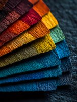 Colorful leather samples arranged in rainbow spectrum showing texture and grain detail for fashion design, upholstery and crafting projects.
