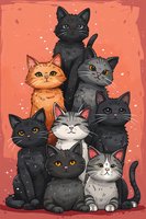 Adorable cartoon cats group portrait with black, ginger, and gray felines on coral background. Cute pets composition with different colored kittens looking at viewer.