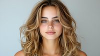 Young woman with wavy blonde highlighted hair and natural makeup against neutral background, showcasing modern beauty trends.