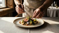 Chef plating gourmet dish with tweezers in upscale restaurant kitchen, arranging fresh vegetables and meat on white plate for fine dining presentation.