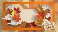 Autumn seasonal sale banner with colorful fall leaves and decorative swirls on orange background for retail promotions and marketing campaigns.
