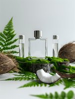Perfume bottles displayed on moss-covered wood with fern leaves and coconut, showcasing luxury fragrance packaging for cosmetics and beauty marketing campaigns.