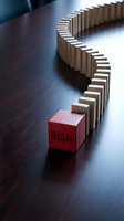 Wooden domino blocks arranged in curved line with red risk block leading chain reaction concept for business strategy and crisis management on dark surface.
