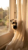 Curious scruffy terrier mix peeking from behind a sheer curtain by a sunlit window, with a soft warm glow and garden view in background.