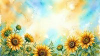 Watercolor sunflowers border with golden yellow petals and green leaves on dreamy blue sky background for greeting cards and summer designs.