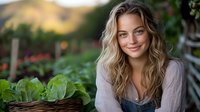 Young Caucasian woman with wavy blonde hair smiling while holding fresh harvested vegetables in wicker basket, wearing casual attire in garden setting during golden hour.