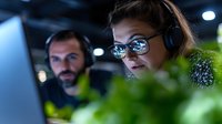 Young Caucasian woman wearing headphones and glasses works at computer monitor in dark office environment with male coworker visible in background, green plants in foreground.