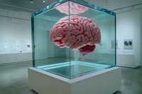 Anatomical model of human brain displayed in glass cube at medical exhibition, educational installation for neuroscience and brain research.