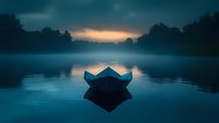 Paper boat floating on misty lake at dawn with ethereal blue atmosphere and glowing horizon reflecting in calm water surface, creating moody landscape.