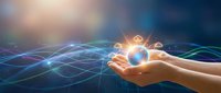 Hands holding glowing digital globe with flowing data waves and light streams, representing global connectivity, technology innovation, and digital transformation for business solutions.