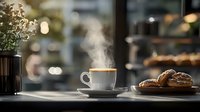 Steaming coffee cup and fresh pastries on cafe table with morning light creating cozy atmosphere, selective focus with blurred background and decorative flowers.