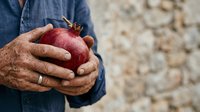 Farmer holding fresh red pomegranate in hands against rustic stone wall background. Harvest, agriculture, organic produce.