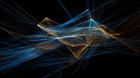Abstract digital network visualization with glowing blue and gold light trails forming dynamic geometric patterns against dark background. For technology and connectivity designs.