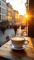 Cup of cappuccino with latte art on wooden table at sunset, street cafe view with warm sunlight and blurred urban background with walking people.