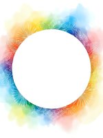 Colorful watercolor frame with tropical palm leaves and decorative patterns surrounding white circle space for text or logo design projects.