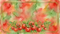 Watercolor tomato vine with ripe red fruits and green foliage on aged paper background, suitable for kitchen decor, recipe cards, and culinary designs.