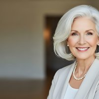 Elegant senior businesswoman with silver hair and pearl necklace smiling confidently in modern office environment for professional corporate content.