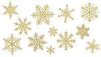 Golden snowflakes collection isolated on transparent background for winter holiday decorations, Christmas designs, greeting cards and festive projects.