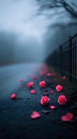 Pink rose petals and blooms scattered on wet dark pavement during foggy twilight, creating moody romantic atmosphere with soft bokeh effect and dark teal tones.
