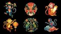 Six colorful Chinese zodiac monkey clipart elements with opera mask, isolated on transparent background, ready for t-shirt design, stickers, sublimation, and print on demand.