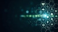 Digital healthcare technology background with hexagonal medical icons and glowing network connections for modern medicine presentations.
