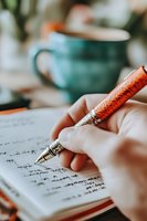 Female hand writing mathematical equations in notebook with decorative orange pen, turquoise coffee cup in soft focus background. Cozy study atmosphere.