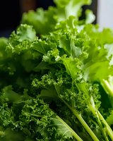Fresh organic kale leaves with curly edges and vibrant green color shown in macro detail, highlighting natural texture and nutritious appearance.