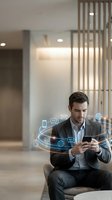 Caucasian male professional in business attire using smartphone with digital communication icons floating around him in modern office lobby, representing global connectivity and mobile technology solutions.