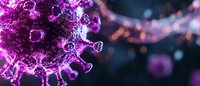 Microscopic view of purple virus cell with detailed spike proteins floating in dark space with bokeh light effects in background, scientific medical visualization.