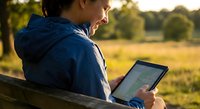 Young man in blue hoodie using tablet computer outdoors in golden hour light, sitting on wooden fence in rural countryside setting for technology and lifestyle content.