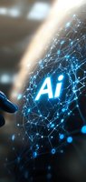 Glowing AI symbol surrounded by blue digital network connections on dark background, representing artificial intelligence technology.
