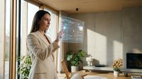Young Caucasian businesswoman in white suit interacting with futuristic holographic interface in modern smart home interior.