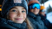 Young girl smiling in winter snow wearing knit hat and scarf, with blurred people in ski goggles behind her, capturing joy of winter sports and family fun.